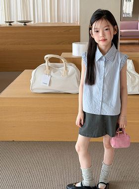 女童夏季纯棉蓝白条纹飞袖衬衫