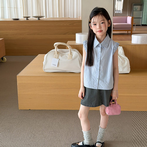 女童夏季纯棉蓝白条纹飞袖衬衫