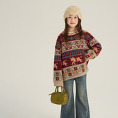 Yumi妈女童新年氛围感提花毛衣加厚针织衫 冬季 过年儿童内搭25M187