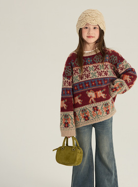 Yumi妈女童新年氛围感提花毛衣加厚针织衫冬季保暖儿童内搭25M187