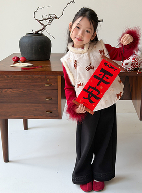 Yumi妈冬季女童新年奢雅水貂毛拼接旗袍儿童背心保暖马甲25M044