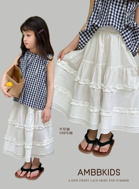 Yumi妈 女童洋气层次感花边甜美百搭中长款棉布半身裙25C151