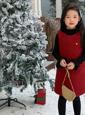 Yumi妈女童过年红色公主连衣裙新年款裙子爱心毛呢背心裙25M007