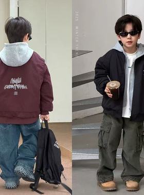 Yumi妈儿童冬季硬核酷帅假两件加棉夹克男童时尚连帽棉服25M124