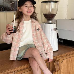 Yumi妈    童装女童韩版粉色衬衣卡通刺绣小狗格子衬衫 25A052
