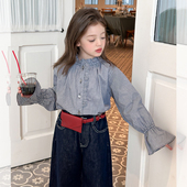 清仓女童秋装 前短后长字母衬衣儿童格子花边衬衫 25F016