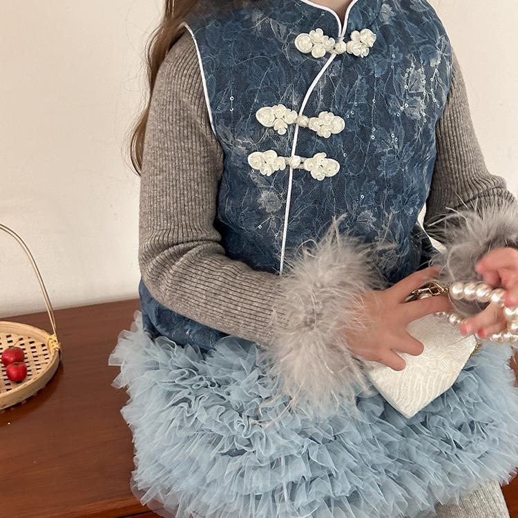 清仓  可拆卸鸵鸟毛边女童宝宝气质内搭针织圆领打底毛衣 24B087