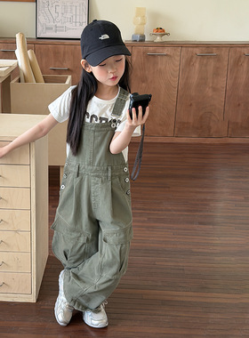 Yumi妈儿童休闲潮酷连体裤2026春女童口袋复古工装风背带裤26A208