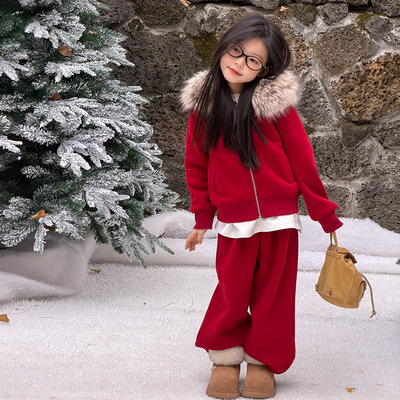 可拆卸毛领斯密绒时髦卫衣套装