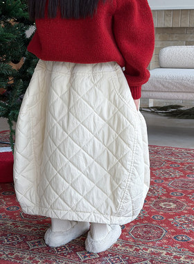 Yumi妈女童冬季复古格调时髦中长款儿童夹棉百搭茧型半身裙25M145