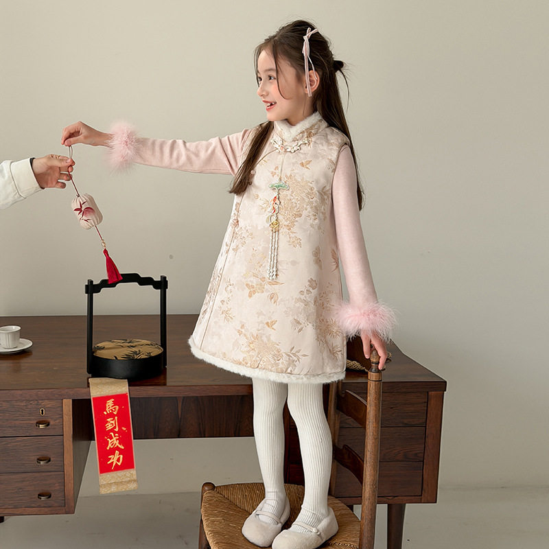 Yumi妈冬季女童新中式温柔毛毛领旗袍背心裙儿童盘扣拜年服25M016,童装/婴儿装/亲子装,连衣裙,淘宝优惠券,粉丝福利购,淘宝优惠卷