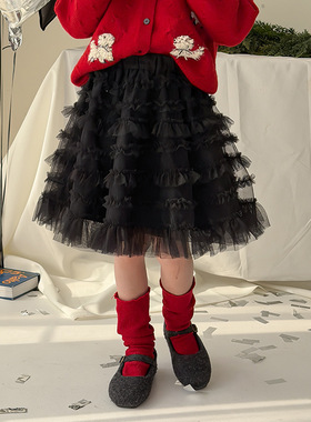 Yumi妈女童冬季新款裙子儿童韩版层次感蓬蓬米兰网纱半身裙25M049