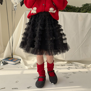 Yumi妈女童冬季新款裙子儿童韩版层次感蓬蓬米兰网纱半身裙25M049
