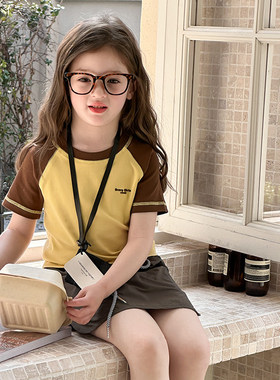 Yumi妈女童T恤儿童洋气拼色高弹奥代尔拉架撞色插肩短袖25B027