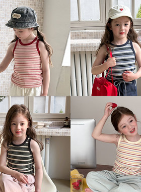 Yumi妈童装中大小女童弹力舒适精棉坑条撞色彩条纹背心上衣25B001