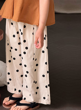 Yumi妈  女童水洗竹节棉休闲防蚊裤儿童宽松拼接波点裤   25E028