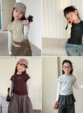 Yumi妈中大女童修身可爱猫咪假两件打底衫儿童辣妹风T恤26A151