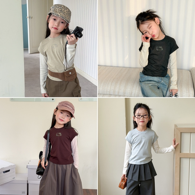 女童春款假两件猫咪打底衫