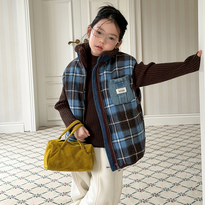 冬季男女童百搭加厚格子马甲