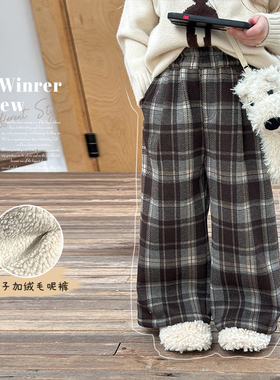 Yumi妈冬季格子毛呢 复240g奥利绒格子时髦加厚保暖直筒裤24A044