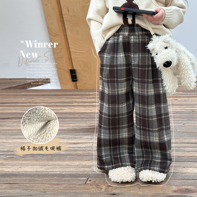 Yumi妈冬季格子毛呢 复240g奥利绒格子时髦加厚保暖直筒裤24A044