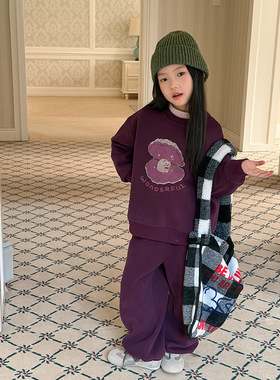 Yumi妈儿童冬季复合一体280g密斯绒卫衣套装女童休闲套装25M065