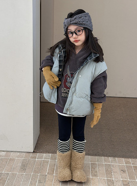 Yumi妈女童冬季空变棉感坎肩儿童纯色两面穿格子立领棉马甲25H039