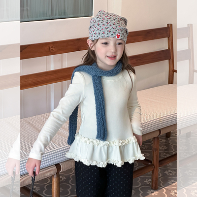 女童拼接花边下摆打底衫上衣