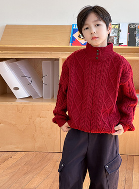 Yumi妈儿童冬季新款加厚半开领毛衣男童宽松加厚麻花针织衫25H175