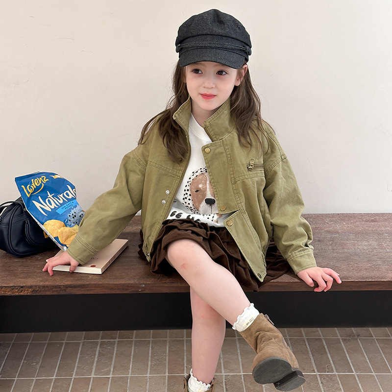 Yumi妈女童秋季韩版帅气工装机车夹克儿童水洗棉短款外套25G065