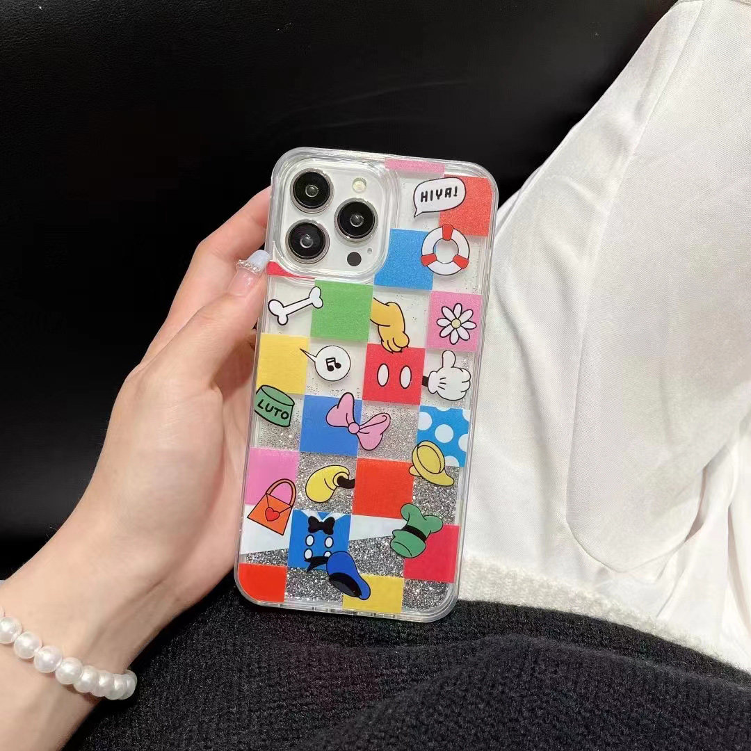 可爱卡通唐老鸭适用苹果13/14ProMax手机壳液体iPhone11/12透明XSMAX防摔XRXS个性X流动闪粉78