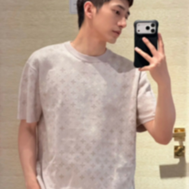 Gucburzz/格纹格子字母渐变提花针织短袖男女款1V纯棉休闲时尚T恤