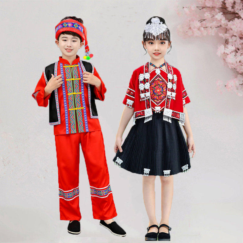 傈僳族服装儿童男女童少数民族竹竿舞演出服幼儿园傈僳族舞蹈服饰 - 实物图