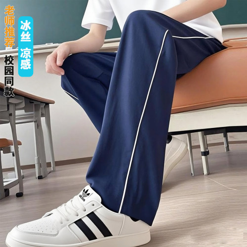 校服裤子藏青色春秋夏季一道杠冰丝初高中生小学生蓝色直筒校裤子