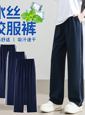 冰丝校服裤子藏蓝色夏季薄款一道杠二条反光条小学生高中初中速干