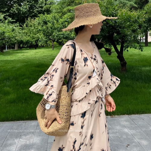 【花边的魅力】HL棉绸夏季气质慵懒宽松荷叶边显瘦度假长款连衣裙