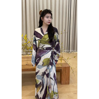 【古朗月行】HL棉绸夏季国风新中式宽松显瘦长款裹系收腰连衣裙