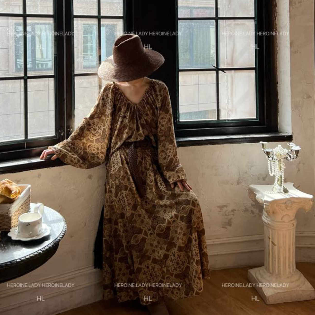 【公主再现】HL棉绸秋季V领气质休闲百搭时尚女神显瘦长款连衣裙