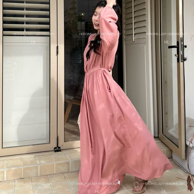 【赫拉长袖版】HL棉绸夏季气质碎花交叉V领长袖抽拉腰口袋连衣裙