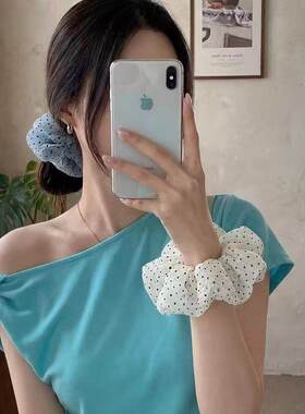 韩系蓝色波点大肠发圈女慵懒风丸子头扎头发超大气质发饰