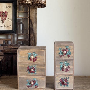 复古实木抽屉收纳盒桌面整理盒化妆品首饰盒桌面收纳盒手绘收纳柜