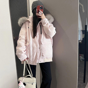 派克服棉袄外套 加厚设计感宽松工装 粉色毛领棉服女2025年冬季 新款