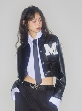 明星同款MLMR新款秋冬修身短款皮外套女款夹克黑色机车pu上衣