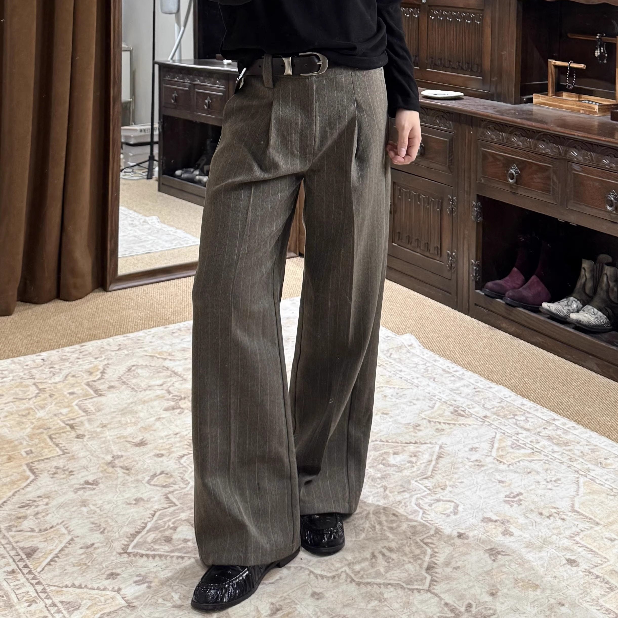 TumBlerine  条纹西裤立体剪裁老钱风通勤休闲裤 A字形双褶,男装,休闲裤,淘宝优惠券,粉丝福利购,淘宝优惠卷