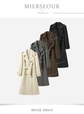 长款休闲百搭毛呢戗驳领长袖腰带外套ss26480