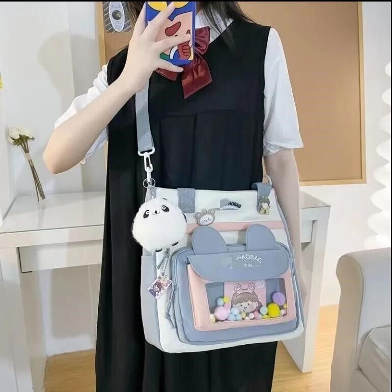斜挎包女学生上课包ins森系大容量撞色补习单肩包装书手提拎书袋