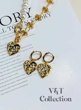 VT原创  酷辣甜心法式高级小众设计感金色爱心吊坠耳环