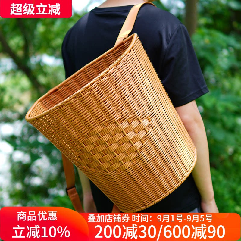 博佰澜仿藤编背篓户外野餐采摘蘑菇茶叶收纳筐赶集双肩大号背篼