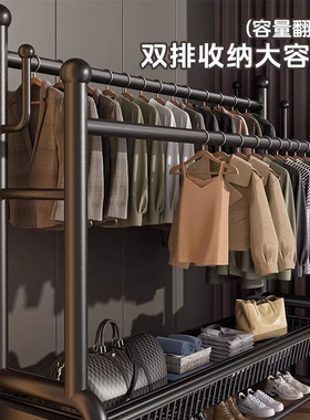 德国双杆衣帽架家用落地带轮可移动简易室内加厚卧室房间挂衣服架