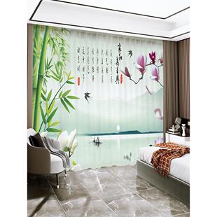 新中式风窗帘绿色竹报平安富贵竹林竹子国画客厅卧室办公书房窗纱